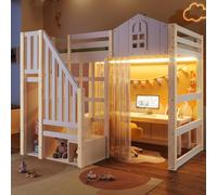 Flieks lit superposé 90x200cm avec Led, lit d'enfant lit de maison avec rideau de lit, lit superposé lit simple avec sommier à lattes et protection contre les chutes, naturel