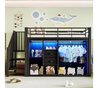 Flieks Lit superposé 90x200cm avec Led, lit métallique pour adolescents avec tiroirs et barre de penderie, lit d'enfant surélevé avec escalier, noir