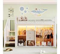 Flieks Lit superposé 90x200cm avec Led, lit métallique pour adolescents avec tiroirs et barre de penderie, lit d'enfant surélevé avec escalier, blanc