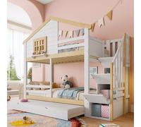 Flieks Lit superposé 90x200cm avec lit gigogne, lit d'enfant lit de maison avec escalier et tiroirs, lit surélevé en bois lit superposé avec antichute