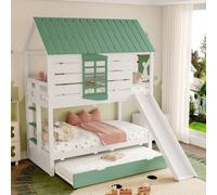Flieks Lit superposé 90x200cm avec lit gigogne, lit d'enfant lit de maison avec toboggan, lit surélevé avec toit et fenêtres, lit superposé avec protection antichute, blanc