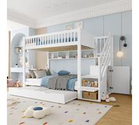 Flieks Lit superposé 90x200cm avec lit gigogne, lit d'enfant surélevé avec étagères ouvertes & escalier de rangement, lit superposé simple, blanc