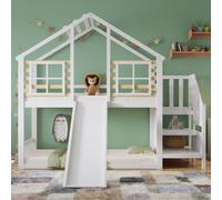 Flieks Lit superposé 90x200cm avec protection contre la chute, lit d'enfant lit de maison avec toboggan, lit surélevé avec escalier et sommier à lattes, lit simple superposé, blanc