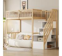 Flieks Lit superposé 90x200cm avec protection contre les chutes, lit d'enfant avec escalier, lit surélevé avec tiroirs et étagère, lit en bois superposé lit simple, naturel
