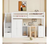 Flieks Lit superposé 90x200cm avec protection contre les chutes, lit surélevé avec armoire et bureau, lit d'enfant avec escalier, lit d'adolescent avec sommier à lattes, blanc