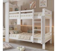Flieks Lit superposé 90x200cm avec protection contre les chutes, lit surélevé avec échelle, lit d'enfant avec étagère, lit de jeune en bois massif Lit superposé avec sommier à lattes, blanc