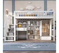Flieks Lit superposé 90x200cm avec protection contre les chutes, lit surélevé avec escalier, ensemble complet de chambre à coucher, lit d'enfant avec armoire bureau étagère, blanc
