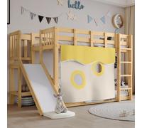 Flieks Lit superposé 90x200cm avec rideau de lit, lit d'enfant avec toboggan, lit surélevé avec échelle et sommier, lit superposé naturel