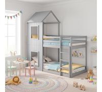 Flieks Lit superposé 90x200cm avec sommier à lattes et échelle, Lit de maison en pin massif pour 2 enfants Lit superposé, sans matelas, Gris