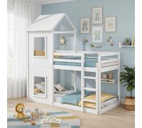 Flieks Lit superposé 90x200cm avec sommier à lattes et échelle, Lit de maison en pin massif pour 2 enfants Lit superposé, sans matelas, blanc