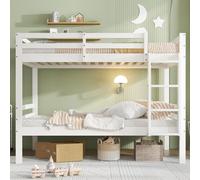 Flieks Lit superposé 90x200cm avec sommier à lattes, lit surélevé avec protection antichute et échelle, lit d'enfant en bois massif lit simple, blanc