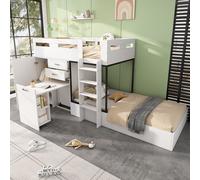 Flieks Lit superposé 90x200cm avec table extensible, lit surélevé avec armoire et tiroirs, lit d'enfant avec sommier à lattes, lit superposé en bois, blanc