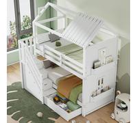 Flieks Lit superposé 90x200cm avec tiroirs, lit d'enfant lit de maison avec protection contre les chutes, lit surélevé avec escalier et rangements, lit superposé simple, blanc