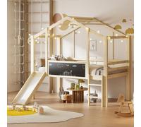 Flieks Lit superposé 90x200cm avec toboggan et tableau, Lit d'enfant avec protection contre les chutes et sommier à lattes, Lit superposé pour enfants, Naturel