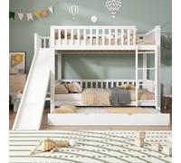 Flieks Lit superposé 90x200cm avec toboggan, Lit surélevé avec lit gigogne, Lit d'enfant avec sommier à lattes & protection antichute, Lit superposé en bois Lit simple 2 enfants