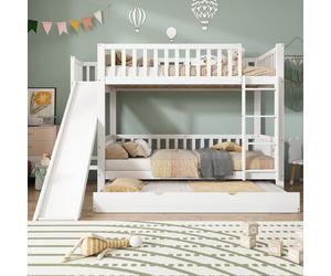 Flieks Lit superposé 90x200cm avec toboggan, Lit surélevé avec lit gigogne, Lit d'enfant avec sommier à lattes & protection antichute, Lit superposé en bois Lit simple 2 enfants
