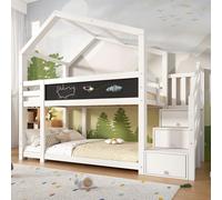 Flieks Lit superposé 90x200cm Lit d'enfant avec tableau, lit surélevé avec protection contre la chute, lit de maison avec escalier à tiroirs, lit en bois massif avec sommier à lattes pour 2 enfants, b