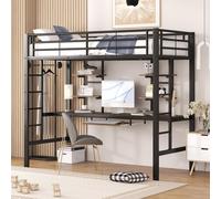 Flieks Lit superposé avec bureau, étagères & tablette clavier, lit superposé 90x200cm avec protection antichute, lit métallique avec sommier à lattes & échelle, noir