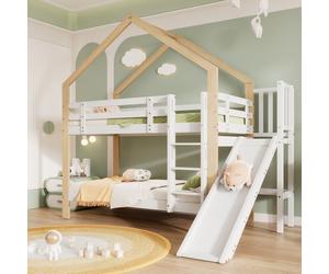 Flieks Lit superposé avec protection contre les chutes, lit d'enfant avec toboggan et échelle, lit surélevé avec sommier à lattes, lit de maison en bois massif Lit superposé 90x200cm, blanc