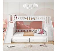 Flieks lit superposé avec toboggan, lit d'enfant 90x200/140x200cm avec protection contre les chutes, lit mezzanine avec escalier et 2 tiroirs, lit superposé avec sommier à lattes, blanc