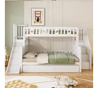 Flieks lit superposé avec toboggan, lit d'enfant 90x200/140x200cm avec protection contre les chutes, lit surélevé avec escalier et lit gigogne, lit superposé avec sommier à lattes, blanc