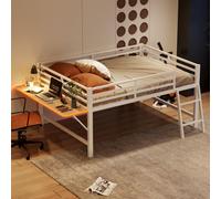Flieks Lit superposé en métal 140x200cm avec bureau pliable, lit surélevé avec LED, lit superposé pour enfant lit double avec antichute, blanc
