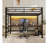 Flieks Lit superposé en métal 90x200cm avec fonction de chargement, lit surélevé pour adolescents avec LED et bureau, lit simple superposé avec sommier à lattes, noir