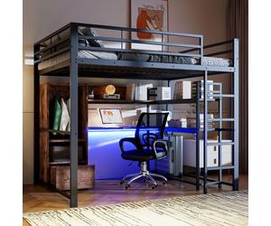 Flieks lit superposé lit métallique 140x200cm avec armoire, lit d'enfant lit d'adolescent avec bureau et led, lit double avec antichute, noir