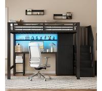 Flieks lit superposé lit métallique 140x200cm avec armoire, lit d'enfant surélevé avec bureau et Led, lit d'adolescent lit double, noir