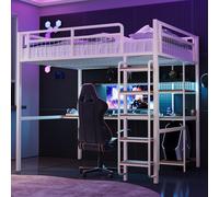 Flieks Lit superposé métallique 140x200cm avec bureau et étagère, lit double pour adolescents avec échelle, lit superposé avec antichute, blanc