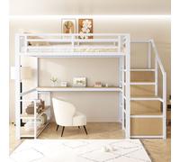 Flieks Lit superposé métallique 140x200cm avec bureau et étagère, lit surélevé pour jeunes enfants avec protection contre les chutes, lit double enfants, blanc
