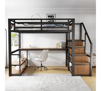 Flieks Lit superposé métallique 140x200cm avec bureau et étagère, lit surélevé pour jeunes enfants avec protection antichute, lit double enfants, noir