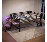 Flieks Lit superposé métallique 140x200cm avec bureau pliable, lit surélevé avec LED, lit superposé d'enfant lit double avec antichute, noir