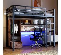 Flieks Lit superposé métallique 90x200cm avec armoire, lit d'enfant lit d'adolescent avec bureau et led, lit simple avec antichute, noir