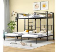 Flieks Lit surélevé 90x200cm avec protection contre les chutes, lit superposé avec échelle et sommier, lit métallique pour enfants avec rangement, lit superposé pour adolescents, noir