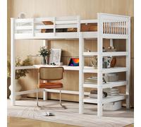 Flieks Lit surélevé avec bureau et étagères, Lit superposé pour adolescents 90x200cm avec sommier à lattes sans chaise, Blanc