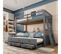 Flieks lit surélevé avec lit extensible et 3 tiroirs, lit superposé 90x200cm avec protection contre les chutes et sommier à lattes, lit d'enfant en bois massif, gris