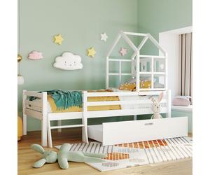 Flieks Lit surélevé Lit de maison avec protection contre la chute et échelle, Lit d'enfant simple 90x200cm avec sommier à lattes et tiroir, Blanc