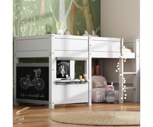 Flieks lit surélevé lit d'enfant 90x200cm, lit de jeu superposé avec deux panneaux et sommier à lattes, lit d'enfant en pin, blanc, sans matelas