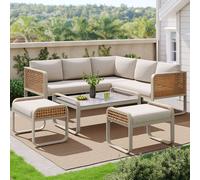 Flieks Rattan Gartenloungeset Gartenmöbel-Set 7 Personen, Doppelelsofa mit Gartenstuhl, Hocker und Gartentisch, Terassenmöbel Balkonmöbel-Set 6 Teilig