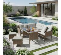 Flieks Rattan Gartenmöbel Set 7 Personen, Terassenmöbel Balkonmöbelset 4-tlg mit Kissen, Gartenlounge Set Loungemöbel Gartengarnitur Sitzgruppe, Kaki