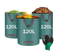 Flintronic 3x120LSacs de Jardin, Sacs à Déchets de Jardin, Sacs de Déchets Jardin Résistants, Sac déchet en PP Robuste avec Poignées, Pliables et Réutilisables(Gants de Jardinage)