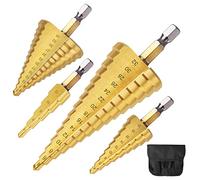 flintronic 4PCS Foret Étagé Métal, 4-32, 4-20, 4-12, 5-35mm Fraise Etage Metal Triangle Conique Titane HSS, Meche Etage Tige à Hexagone pour Métal Acier, Bois, Laiton, Aluminium, Plastique