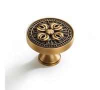 FLIRABBIT Lot de 2 boutons d'armoire ronds en laiton antique sculpté doré pour salle de bain, tiroir, armoire