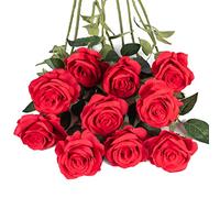 Flojery Lot de 10 Roses artificielles en Soie Rouge à Longue Tige pour Bouquet de Mariage, Centre de Table, décoration d'intérieur
