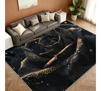 Floral Tapis 140x200cm, Black Gold Floral Tapis for Living Room | Washable Soft Anti-Slip Moquette for Bedroom Bedside Dining Table Decor