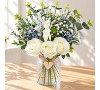 Florale Artificielle avec Vase en Verre, Bouquet de Fleurs en Rose Blanc, Eucalyptus en Soie, Florale Artificielle Réaliste, Centre de Table pour Salon, Cuisine, Bureau, Mariage, Décoration Maison
