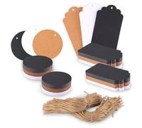 Florence Étiquettes Cadeaux Rondes 300 pcs - en Papier Cartonné Kraft, Noir et Blanc de 250 g/m² - avec Trou & Ficelles de Jute