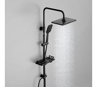 Florenta Colonne de Douche Pluie sans Mitigeur, Ensemble de Douche Noir avec Étagère Douche XXL, Barre de Douche en Acier Inoxydable, Douchette à Main 3 jets, Douche de Tête 30 * 20 cm
