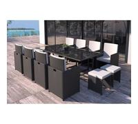 CONCEPT USINE - Salon de Jardin Florida 12 Personnes en Résine Tressée Naturel - 1 Table en Verre - 8 Fauteuils - 4 Poufs - Coussins Beige - Encastrable et Résistant